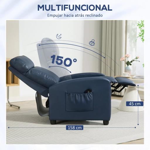 Sillón de Masaje Reclinable con Mando a Distancia Bolsillo Lateral y Temporizador Tapizado en PU 68x88x98 cm Azul Oscuro [2]