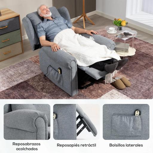 Sillón Relax Reclinable Eléctrico Levanta Personas con Respaldo Alto Capitoné Control Remoto Gris [7]