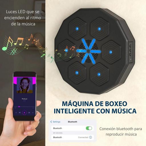 Máquina Boxeo Musical Pared con Guantes Conexión Bluetooth y Luces LED para Adultos y Niños en Casa Gimanasio Negro [2]