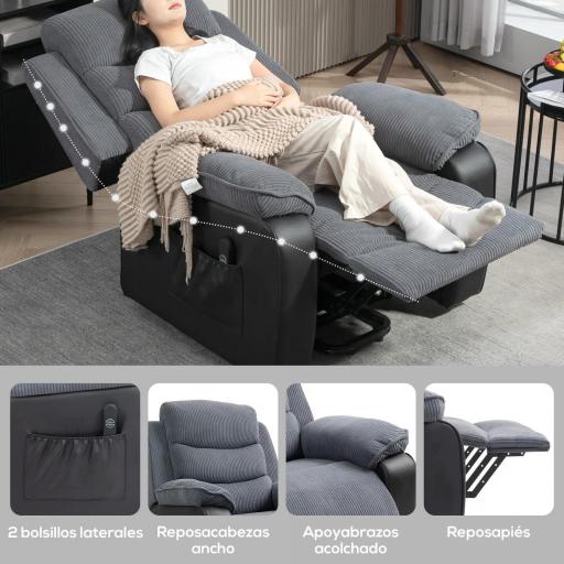 Sillón Relax Reclinable Eléctrico Levanta Personas con Mando a Distancia y Bolsillos Laterales Sillón Elevador Gris [5]