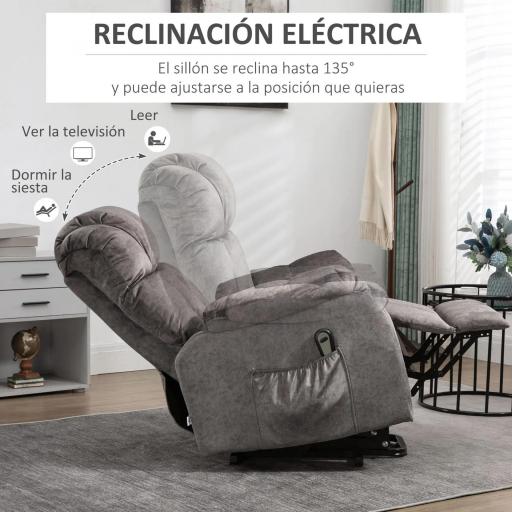Sillón Levanta Personas Eléctrico con Reclinación hasta 135° Mando a Distancia Reposapiés y 2 Bolsillos Gris [3]