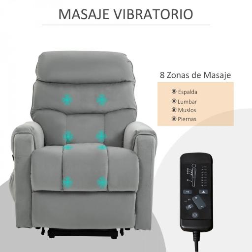 Sillón de Masaje Relax Sillón Levantapersonas con Reclinación Eléctrica hasta 135° Control Remoto y 8 Zonas de Masaje Tapizado en Terciopelo y Acolchado 79x97x103 cm Gris [3]