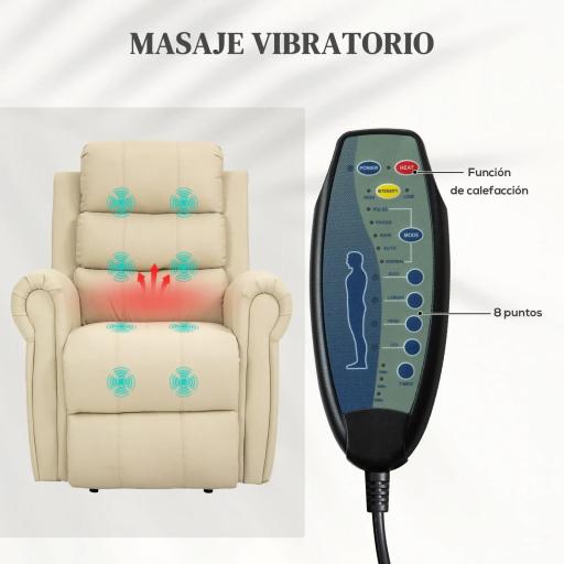 Sillón Relax Reclinable Eléctrico Levanta Personas con Masaje Vibratorio y Calor Control Remoto Crema [2]