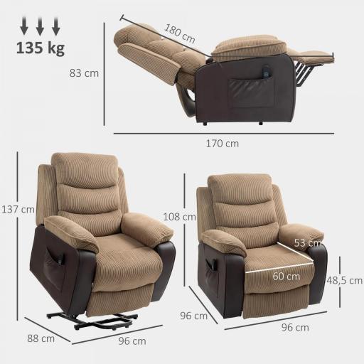 Sillón Relax Reclinable Eléctrico Levanta Personas con Mando a Distancia Puerto USB y Bolsillos Laterales Marrón [1]