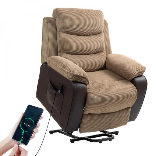 Sillón Relax Reclinable Eléctrico Levanta Personas con Mando a Distancia Puerto USB y Bolsillos Laterales Marrón [6]
