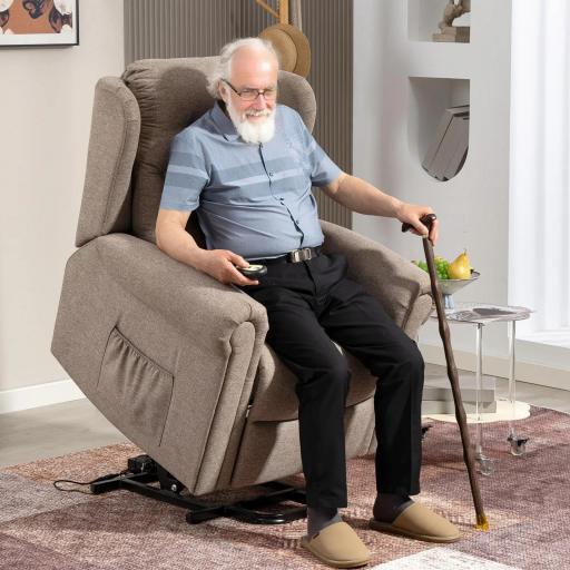 Sillón Relax Reclinable Eléctrico Levanta Personas con Respaldo Alto Capitoné Control Remoto Marrón Claro
