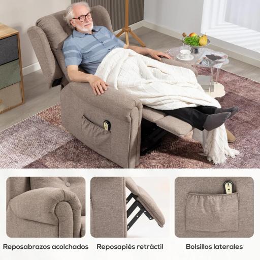 Sillón Relax Reclinable Eléctrico Levanta Personas con Respaldo Alto Capitoné Control Remoto Marrón Claro [5]