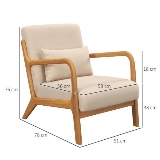Butaca Nórdica Sillón de Salón Acolchado con Reposabrazos Cojín y Marco de Madera de Caucho 61x78x76 cm Beige [1]