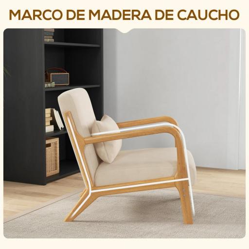 Butaca Nórdica Sillón de Salón Acolchado con Reposabrazos Cojín y Marco de Madera de Caucho 61x78x76 cm Beige [3]