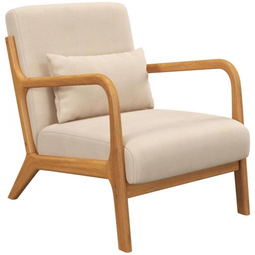 Butaca Nórdica Sillón de Salón Acolchado con Reposabrazos Cojín y Marco de Madera de Caucho 61x78x76 cm Beige [9]