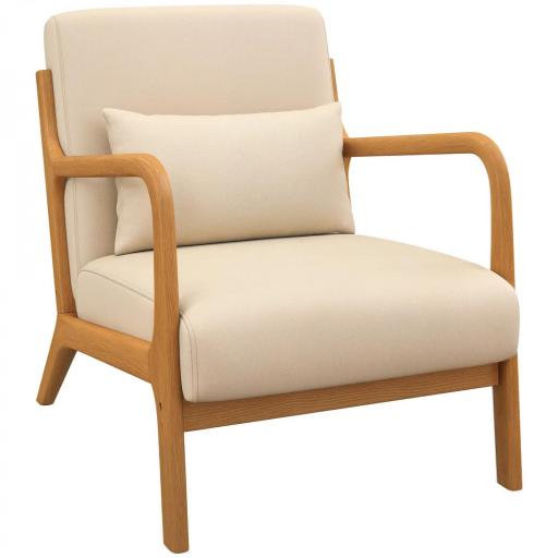 Butaca Nórdica Sillón de Salón Acolchado con Reposabrazos Cojín y Marco de Madera de Caucho 61x78x76 cm Beige [8]