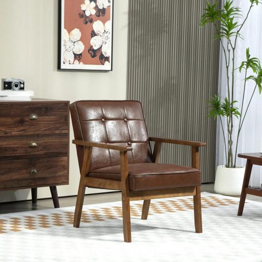 Butaca de Salón Tapizada en PU con Reposabrazos y Marco de Madera de Caucho Carga 120 kg Marrón