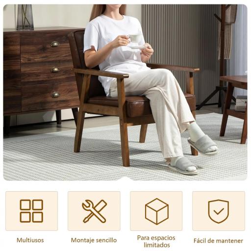 Butaca de Salón Tapizada en PU con Reposabrazos y Marco de Madera de Caucho Carga 120 kg Marrón [4]