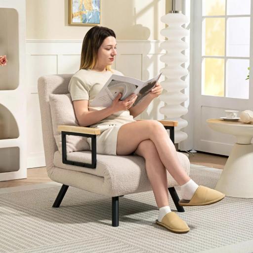 Sofá Cama Individual Plegable Sofá Cama Convertible 4 en 1 Respaldo Ajustable de 5 Niveles y Almohada 63x73x81 cm Beige