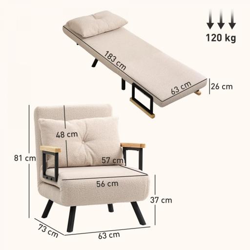 Sofá Cama Individual Plegable Sofá Cama Convertible 4 en 1 Respaldo Ajustable de 5 Niveles y Almohada 63x73x81 cm Beige [1]