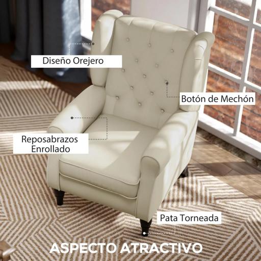 Sillón de Salón con Reposacabezas y Patas de Madera Butaca Carga 160 kg para Dormitorio Oficina Sala de Estar Crema [5]