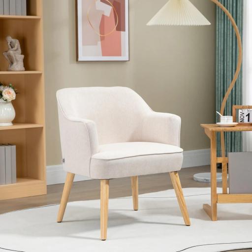 Butaca de Salón Moderna Sillón Tapizado en Lino Sintético Patas de Madera para Dormitorio Oficina 64,5x65x79,5 cm Crema