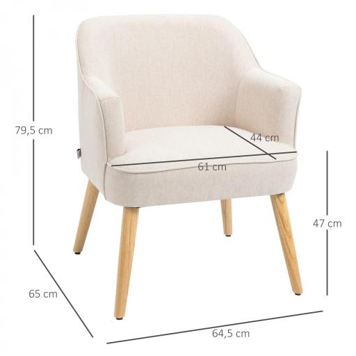 Butaca de Salón Moderna Sillón Tapizado en Lino Sintético Patas de Madera para Dormitorio Oficina 64,5x65x79,5 cm Crema [1]