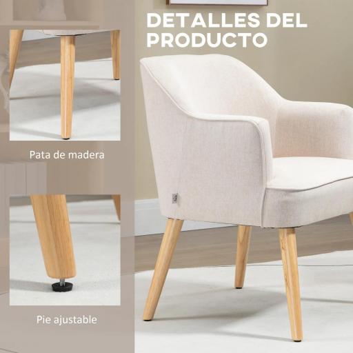 Butaca de Salón Moderna Sillón Tapizado en Lino Sintético Patas de Madera para Dormitorio Oficina 64,5x65x79,5 cm Crema [3]