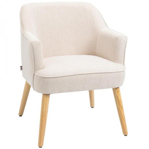 Butaca de Salón Moderna Sillón Tapizado en Lino Sintético Patas de Madera para Dormitorio Oficina 64,5x65x79,5 cm Crema [9]