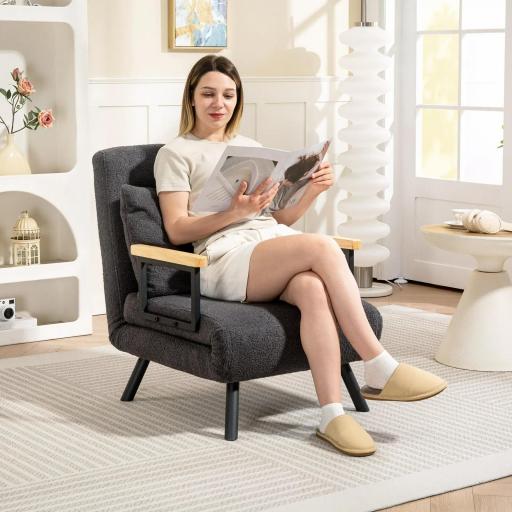 Sofá Cama Individual Plegable Silla Cama Convertible 4 en 1 Respaldo Ajustable de 5 Niveles y Almohada 63x73x81 cm Gris