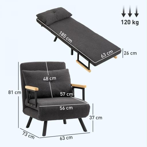 Sofá Cama Individual Plegable Silla Cama Convertible 4 en 1 Respaldo Ajustable de 5 Niveles y Almohada 63x73x81 cm Gris [1]