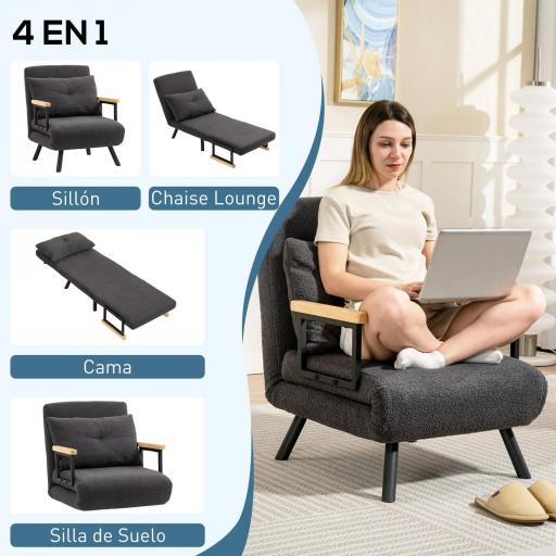Sofá Cama Individual Plegable Silla Cama Convertible 4 en 1 Respaldo Ajustable de 5 Niveles y Almohada 63x73x81 cm Gris [3]