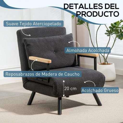 Sofá Cama Individual Plegable Silla Cama Convertible 4 en 1 Respaldo Ajustable de 5 Niveles y Almohada 63x73x81 cm Gris [4]