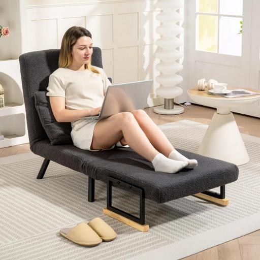 Sofá Cama Individual Plegable Silla Cama Convertible 4 en 1 Respaldo Ajustable de 5 Niveles y Almohada 63x73x81 cm Gris [6]