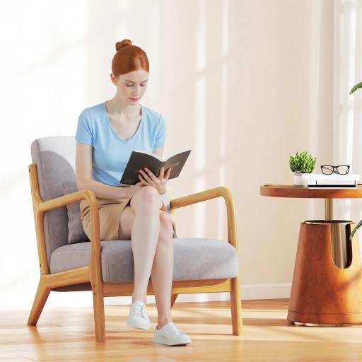 Butaca Nórdica Sillón de Salón Acolchado con Reposabrazos Cojín y Marco de Madera de Caucho 61x78x76 cm Gris