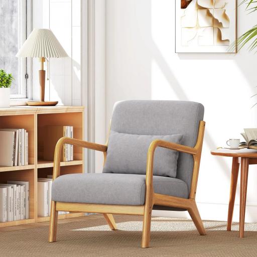 Butaca Nórdica Sillón de Salón Acolchado con Reposabrazos Cojín y Marco de Madera de Caucho 61x78x76 cm Gris [7]