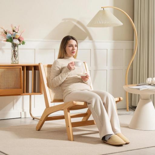 Butaca de Salón con Respaldo y Asiento Amplio de Ratán Marco de Madera para Dormitorio Sala de Estar Natural [5]