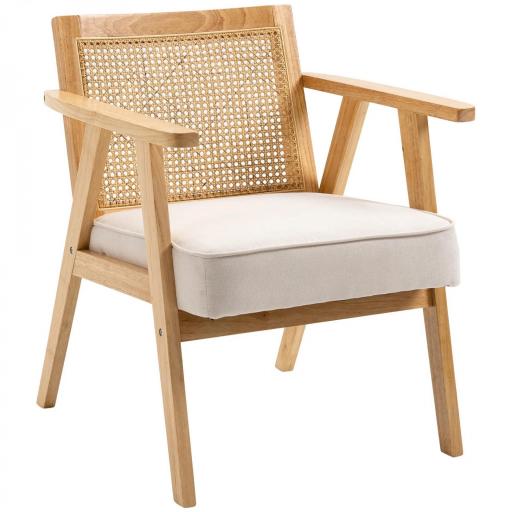 Sillón de Salón con Reposabrazos Respaldo de Ratán y Marco de Madera de Caucho Carga 120 kg Natural y Beige [9]