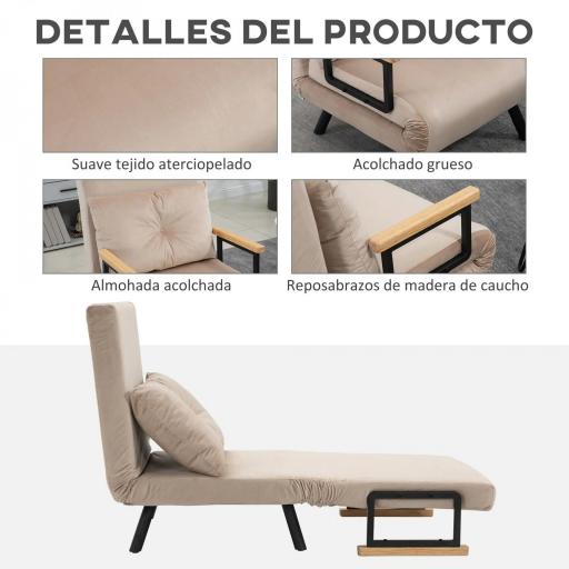 Sofá Cama Individual Plegable Silla Cama Convertible 4 en 1 Respaldo Ajustable de 5 Niveles y Almohada 63x73x81 cm Beige [3]