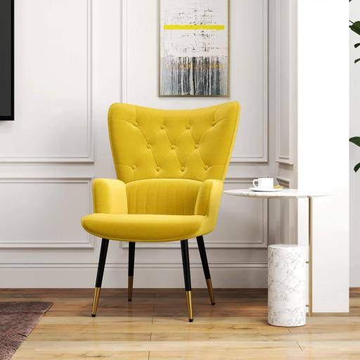Butaca de Salón Sillón Individual Tapizado en Terciopelo con Respaldo Alto Estilo Moderno 68x72x103 cm Amarilloi [3]