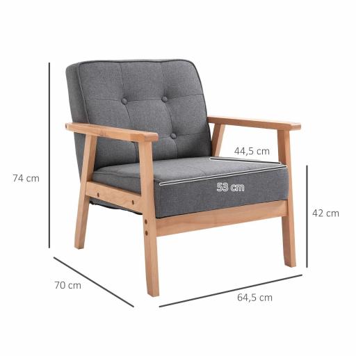 Butaca de Salón Moderna con Asiento Acolchado y Marco de Madera para Oficina Dormitorio 65x69x78 cm Gris [1]