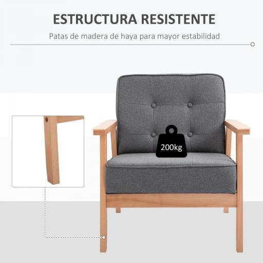 Butaca de Salón Moderna con Asiento Acolchado y Marco de Madera para Oficina Dormitorio 65x69x78 cm Gris [3]