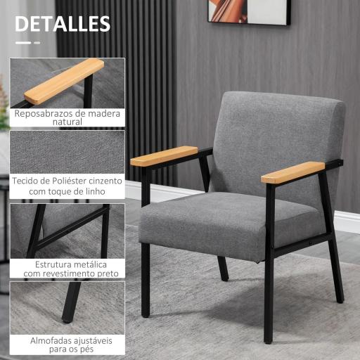 Butaca de Salón Moderna Tapizado en Poliéster con Reposabrazos de Madera para Dormitorio 64,5x70x83,5 cm Gris [3]
