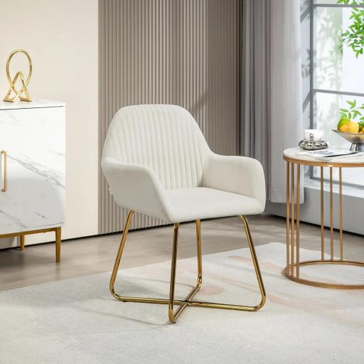 Sillón de Salón Tapizado en Terciopelo con Asiento Acolchado Base Metálica Cruzada Crema