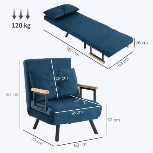 Sofá Cama Individual Plegable Silla Cama Convertible 4 en 1 Respaldo Ajustable de 5 Niveles y Almohada 63x73x81 cm Azul [1]