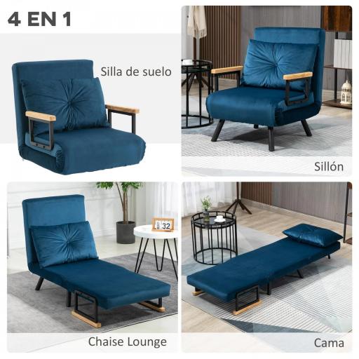 Sofá Cama Individual Plegable Silla Cama Convertible 4 en 1 Respaldo Ajustable de 5 Niveles y Almohada 63x73x81 cm Azul [4]