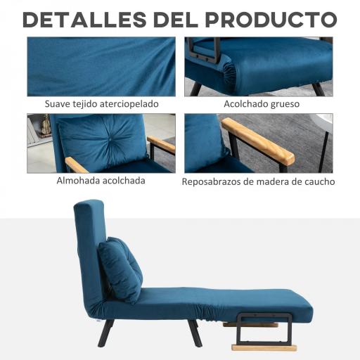 Sofá Cama Individual Plegable Silla Cama Convertible 4 en 1 Respaldo Ajustable de 5 Niveles y Almohada 63x73x81 cm Azul [3]