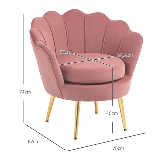 Butaca Tapizada en Terciopelo Butaca de Dormitorio con Respaldo en Forma de Concha y Patas Doradas 76x67x74 cm Rosa [1]