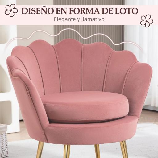Butaca Tapizada en Terciopelo Butaca de Dormitorio con Respaldo en Forma de Concha y Patas Doradas 76x67x74 cm Rosa [2]