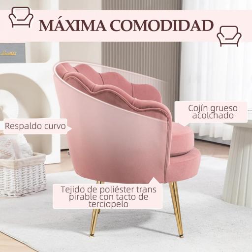 Butaca Tapizada en Terciopelo Butaca de Dormitorio con Respaldo en Forma de Concha y Patas Doradas 76x67x74 cm Rosa [4]