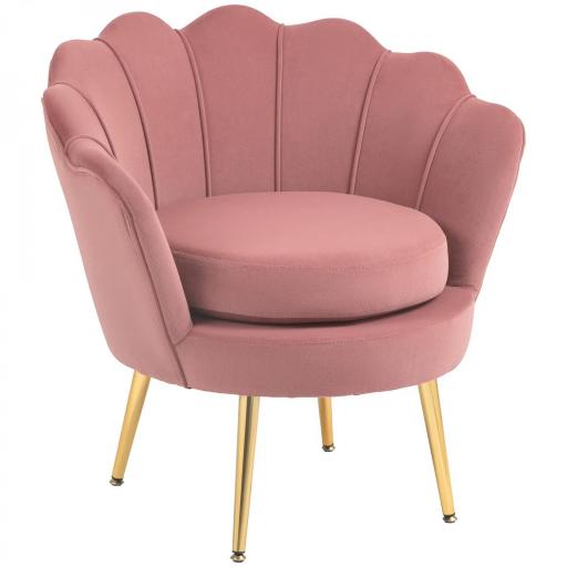 Butaca Tapizada en Terciopelo Butaca de Dormitorio con Respaldo en Forma de Concha y Patas Doradas 76x67x74 cm Rosa [8]