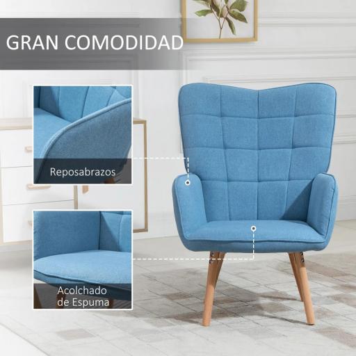 Sillón Individual con Respaldo Alto Reposabrazos Tela de Lino y Patas de Madera para Comedor Cocina 71x76x101cm Azul [2]