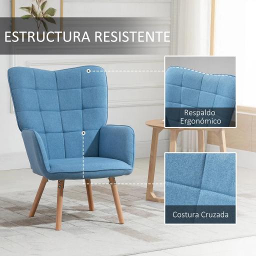 Sillón Individual con Respaldo Alto Reposabrazos Tela de Lino y Patas de Madera para Comedor Cocina 71x76x101cm Azul [4]