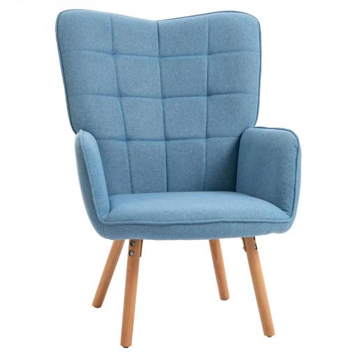 Sillón Individual con Respaldo Alto Reposabrazos Tela de Lino y Patas de Madera para Comedor Cocina 71x76x101cm Azul [9]