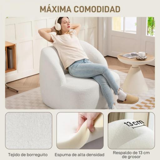 Sillón de Lectura Tapizado en Borreguito Diseño Curvo Acolchado Grueso No Requiere Montaje Crema [4]